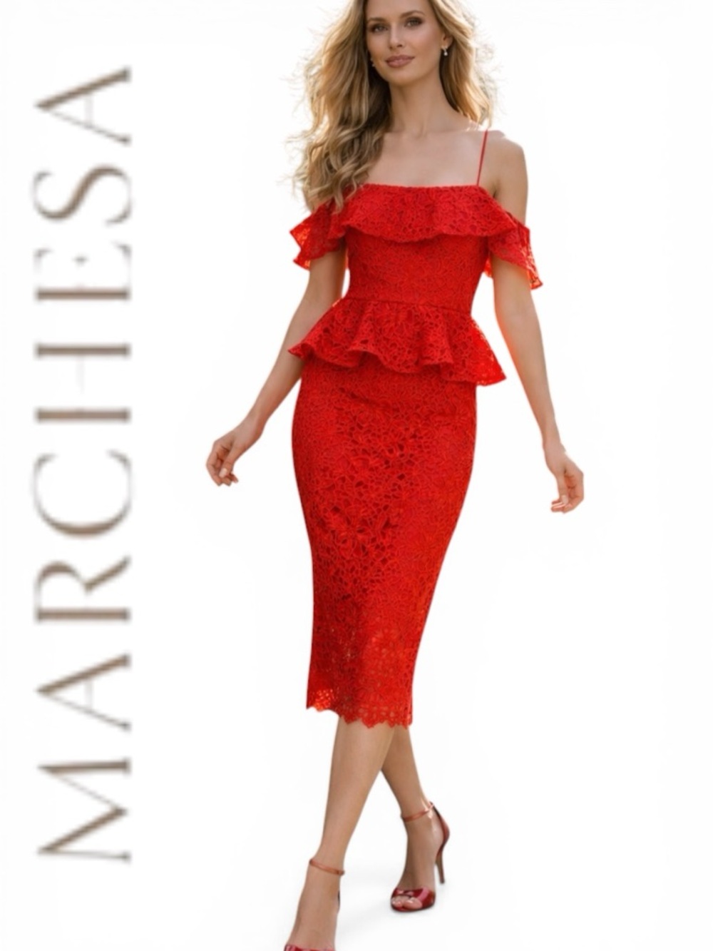 Muse by Marchesa Dress Women Red Lace Size 10 Midi Off Shoulder Peplum NWT